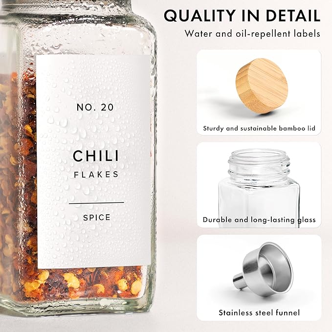EDELHAUS® Glass Spice Jars with Bamboo Lids (24 x 4oz) Spice Containers with 240 Labels, Steel Funnel, Empty Square Seasoning Organizer for Spice Rack, Cabinet, Drawer [4.3 in × 1.8 in]