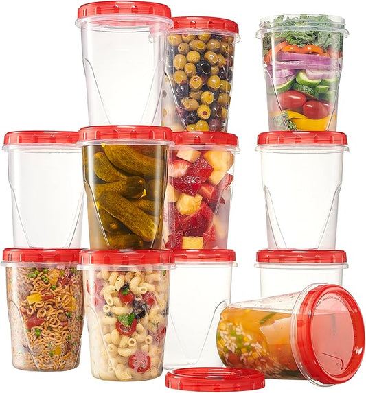 PLASTICPRO 12 Pack Twist Cap Food Storage Containers with Red Screw on Lid- 32 oz Reusable Meal Prep Containers - Freezer and Microwave Safe Red Plastic Food Storage