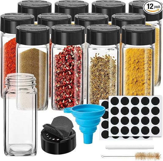 12 Pack Glass Spice Jars with Labels, 4oz Spices Containers Spice Jars with Black Shaker Lids, Empty Containers for Spice, Silicone Funnel and Pen Included