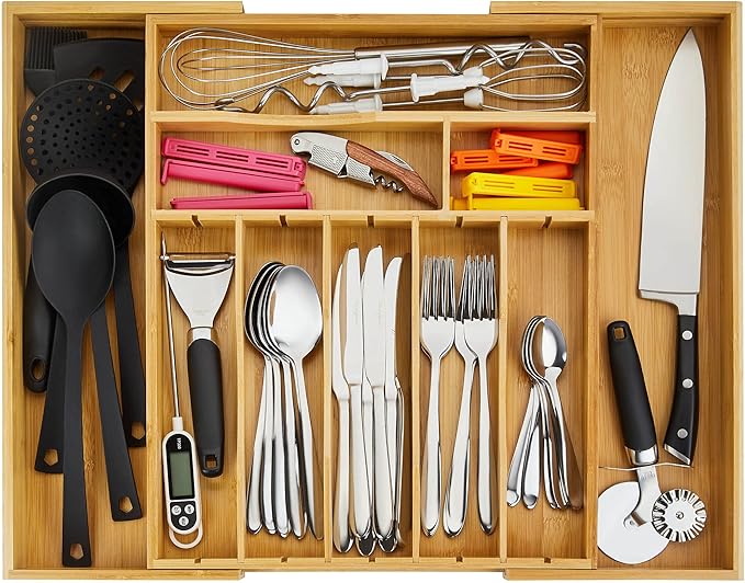 Night Tree Deep Bamboo Drawer Organizer – Expandable Utensil and Silverware Tray for Kitchen Cutlery and Flatware, Large Size (21.6" or 13.7" x 17" x 2.5")