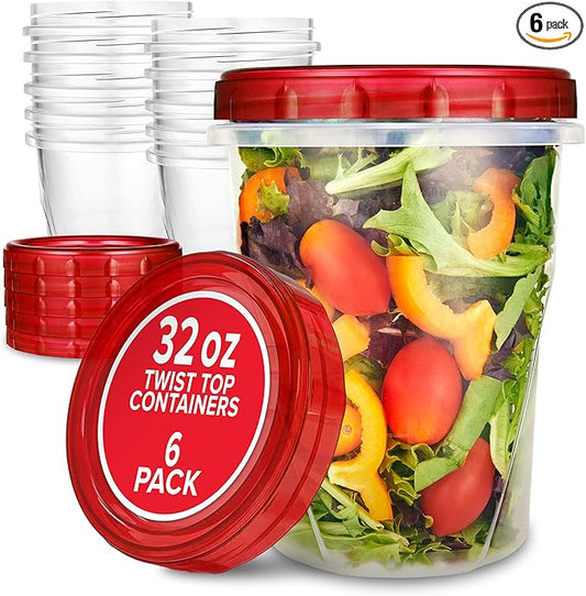 32oz Plastic Containers with Red Twist Top Lids (6 Pack) – Quart Freezer Containers for Leftovers, Airtight Reusable Soup Storage, Microwave & Dishwasher Safe