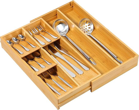 Bamboo Silverware Drawer Organizer Tray, Removable Dividers and Expandable Kitchen Utensil Tray for Different Dimension Flatware, Spoons, Forks, Knives (Natural,7 Slots)