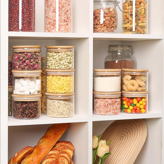 ComSaf 15oz Glass Food Storage Jars Set of 9, Clear Glass Storage Containers with Lids, Pantry Organization Jar, Spice, Salt, Blooming Tea, Coffee, Oat and Sugar Container, Small jar Set for Kitchen
