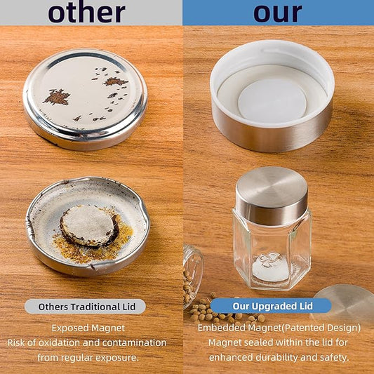 Art Secret 16-Pack Magnetic Hexagon Glass Spice Jars with 394pcs Labels, Shaker Lids and Stainless Wall-Plate (3 oz)