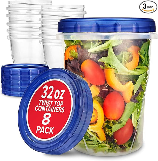 Stock Your Home 32oz Plastic Containers with Twist Top Lids (3 Pack) – Quart Freezer Containers for Leftovers, Airtight Reusable Soup Storage, Microwave & Dishwasher Safe