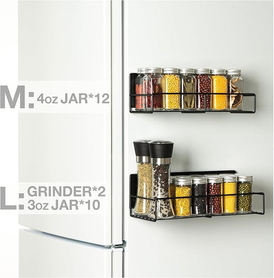 Strong Magnetic Spice Rack For Refrigerator, Large Size Space Saving Organizer, Durable Shelf for Oven, Fridge - 4 Pack - Iron - Black