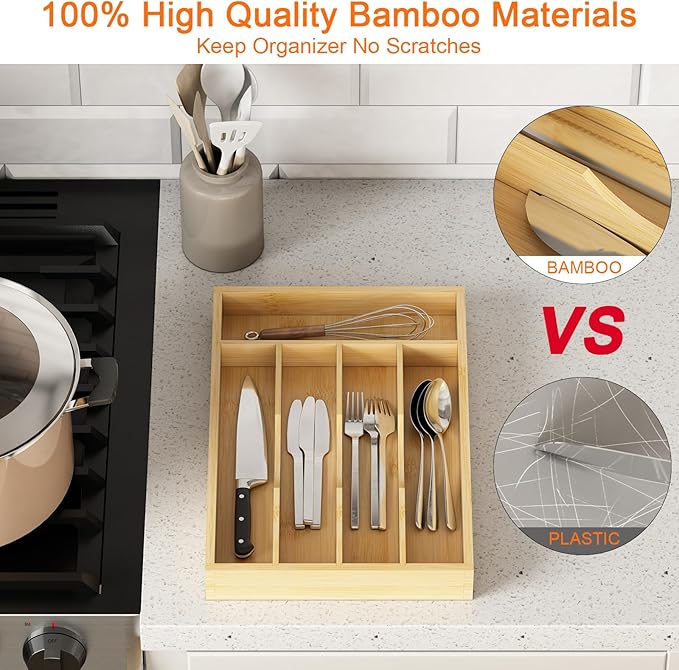 Bamboo Utensil Organizer for Kitchen Drawers, Utensil Tray and Cutlery Silverware Holder,Wood Drawer Dividers with 5 Slots（2 pack）