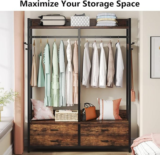 Tribesigns Freestanding Closet Organizer for Hanging Clothes, Heavy Duty Garment Rack with 4 Drawers, 8 Hooks and Storage Shelves, Wardrobe Closet Clothing Rack for Bedroom, Living Room, Rustic Brown