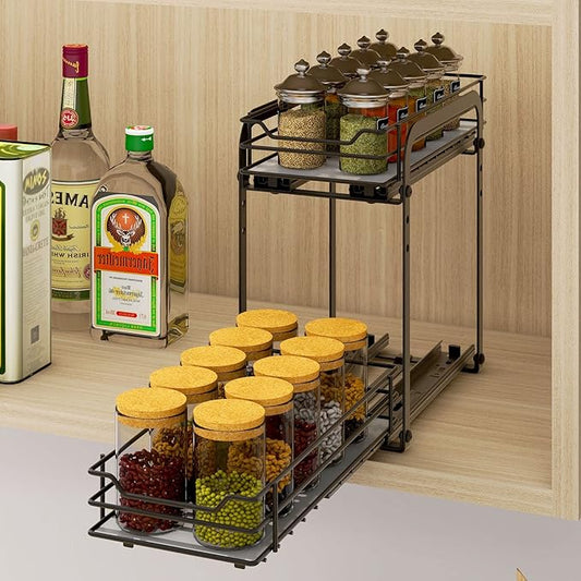 Spice Rack Organizer, 2-Tier Pull Out Spice Organizer, Heavy Duty Metal Basket for Inside Cabinets & Pantry Closet