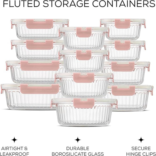 JoyJolt 24pc Fluted Glass Storage Containers with Lids. 12 Airtight, Freezer Safe Food Storage Containers, Pantry Kitchen Storage Containers, Glass Meal Prep Containers for Lunch