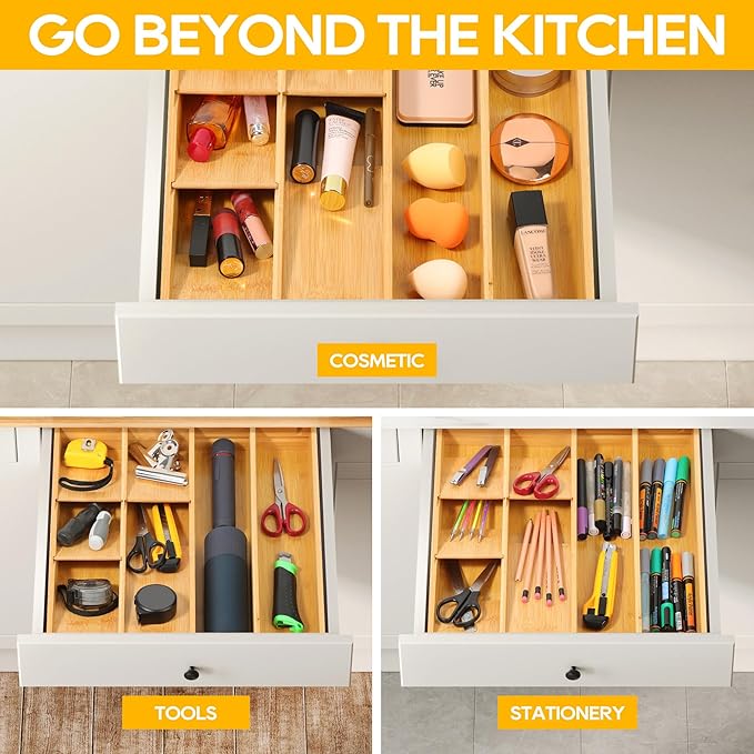Bamboo Silverware Drawer Organizer Tray, Removable Dividers and Expandable Kitchen Utensil Tray for Different Dimension Flatware, Spoons, Forks, Knives (Natural,7 Slots)