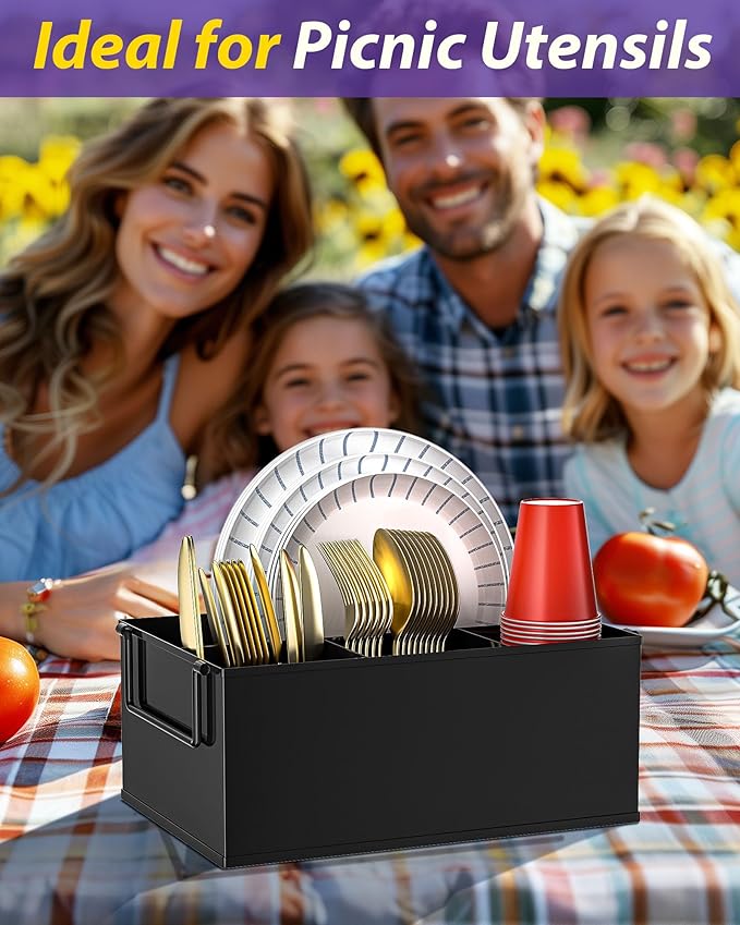 Paper Plate Holder Reusable - Outdoor Utensil Caddy with Dual Handles, Ideal Silverware Holder for Party, Camping Organizer, Scratch-Proof Bottom Pads, and Easy-to-Clean, Balck