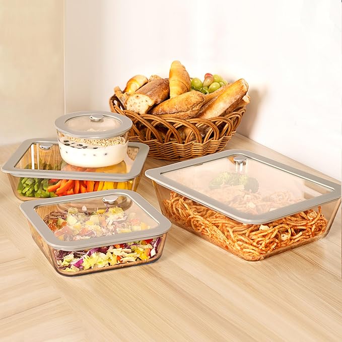 Glass Food Containers with Glass Lid, Microwave Safe Glass Food Storage Container Set, 3 Pack, Square Shape, Glass Food Containers with Lids, Glass Meal Prep containers with Leak Proof Lid.