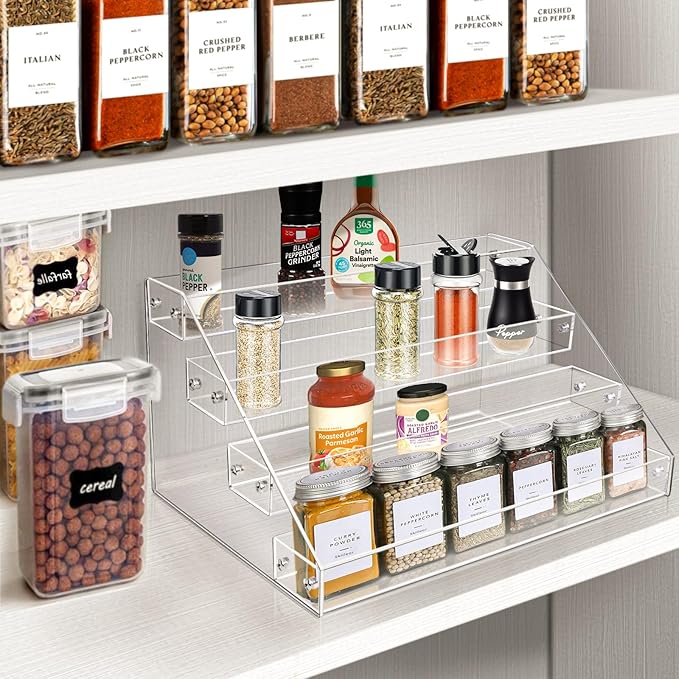 Vowcarol 4-Tier Spice Rack Organizer, Seasoning Organizer, Clear Acrylic Vertical Spicer Holder Shelves for Countertop, Cabinet, Pantry, Kitchen Organization