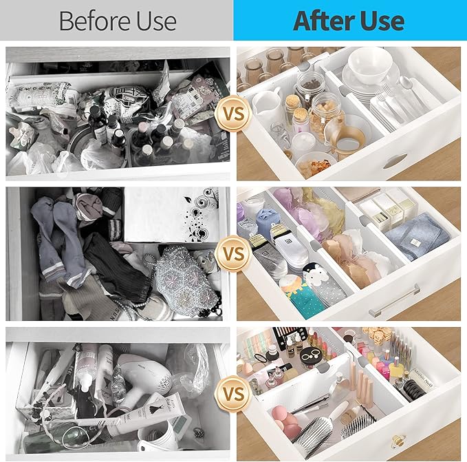 Drawer Dividers Organizer 6 Pack, Adjustable Separators 4" High Expandable from 11-17" for Bedroom, Bathroom, Closet, Clothing, Office, Kitchen (White, 6 PACK)