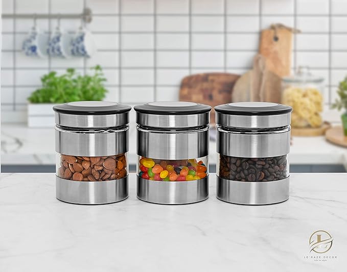 Le'raze Airtight Food Storage Container for Kitchen Counter with Window, [Set of 3] Canister Set Ideal for Flour Tea, Sugar, Coffee, Candy, Cookie Jar…