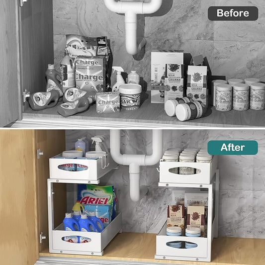 Under Sink Organizer, 2 Tier Metal Pull Out Under Sink Storage with Sliding Mesh Drawers, Height Adjustable Slide Out Under Sink Organizer for Kitchen Bathroom Cabinet, 2 Pack, White