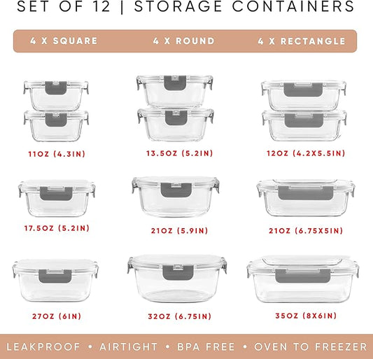 JoyJolt JoyFul 24pc Borosilicate Glass Storage Containers with Lids. 12 Airtight, Freezer Safe Food Storage Containers, Pantry Kitchen Storage Containers, Glass Meal Prep Container for Lunch