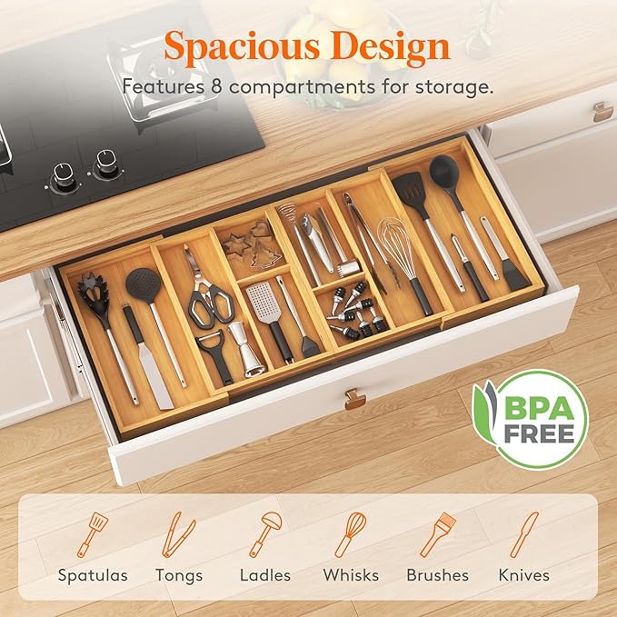 Lifewit Large Utensil Organizer for Kitchen Drawer, Expandable 21.4 to 36 Inches Wide, Adjustable Cooking Silverware Tray, Bamboo Cutlery Flatware Holder, Spatula Tool Gadget Storage Divider, Natural