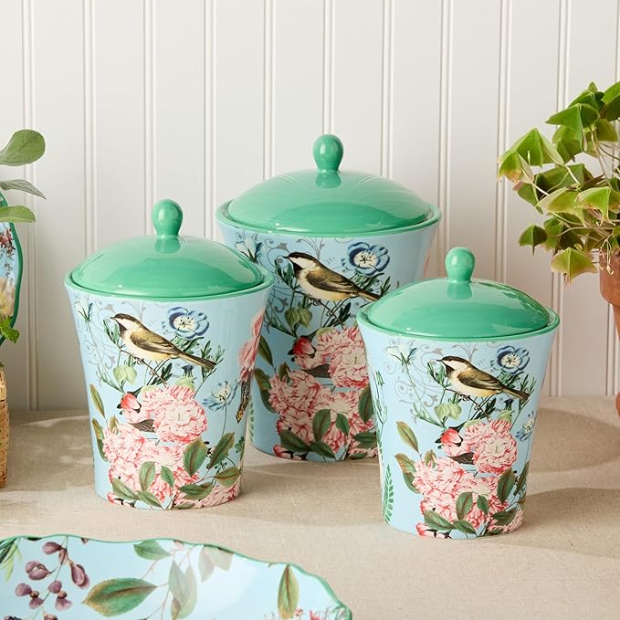 Flora Ceramic Canister Set – 3-Piece Airtight Storage Jars with Pastel Floral, Butterfly, and Dragonfly Designs, Perfect for Coffee, Sugar, Flour, Snacks, or Kitchen Countertop Décor