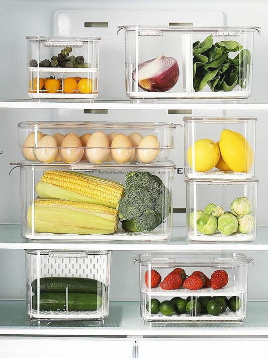 vacane Fresh Produce Saver for Refrigerator, 3 Pcs Food Fruit Lettuce Keeper Containers, Salad Vegetable Storage Organizers Stackable, BPA-free Stay Fridge Storage Containers