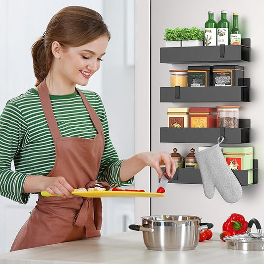 4-Piece Extra-Large Capacity Magnetic Spice Rack for Refrigerator, Matt Black
