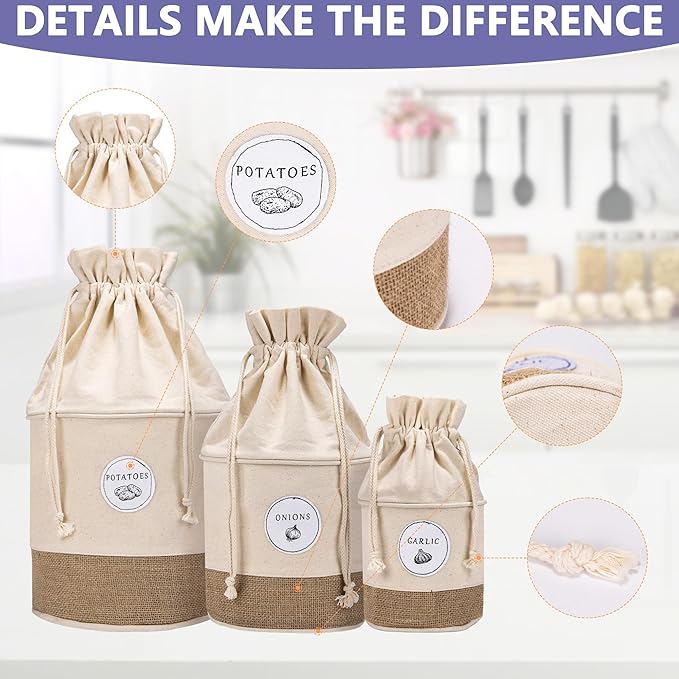 Meraki Home Potato Onion Garlic Storage Containers - Farmhouse Kitchen Storage Organization Pots - Sustainable Jute Cotton Vegetable Baskets Bins - Drawstring Holder