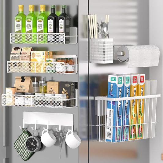 7 Pack Metal Magnetic Spice Rack for Refrigerator, Moveable Storage Fridge Organizer - White