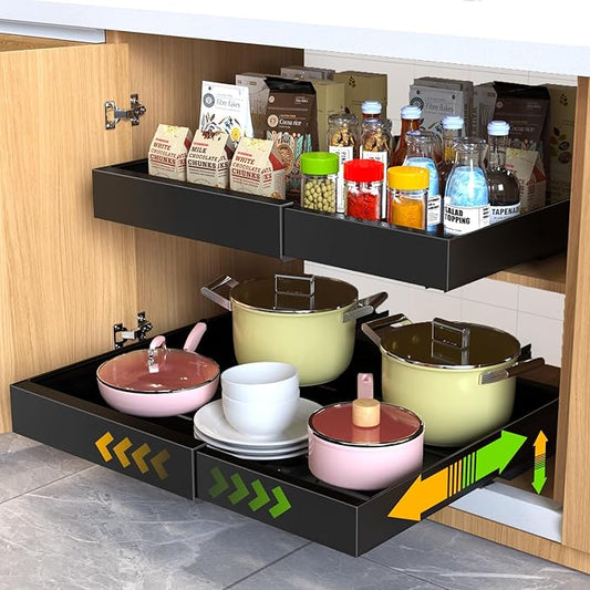 2 Pack Pull out Cabinet Organizer, Expandable Slide out Drawers Organizers Durable Rack Fixed with Adhesive Nano Film Compatible Framed Cabinets Shelves for Kitchen Pantry Adjustable Width 12.4"-20.4"