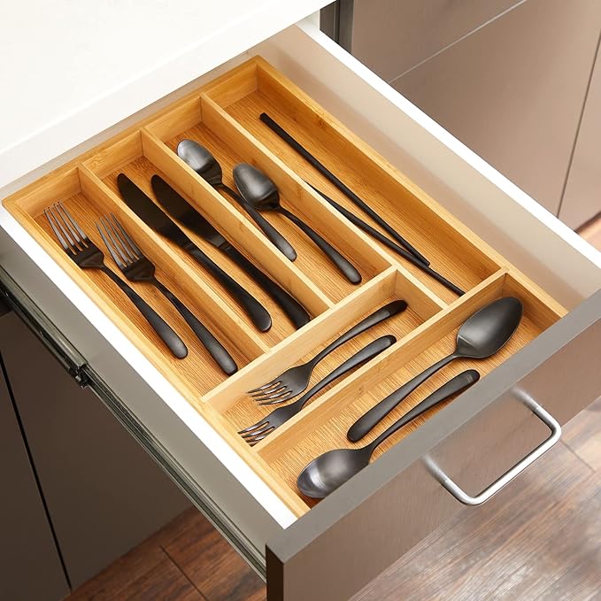Juvale Bamboo Silverware Organizer for Drawer, Kitchen, 6 Slot Utensil Tray (17 x 11.75 x 1.75 In)