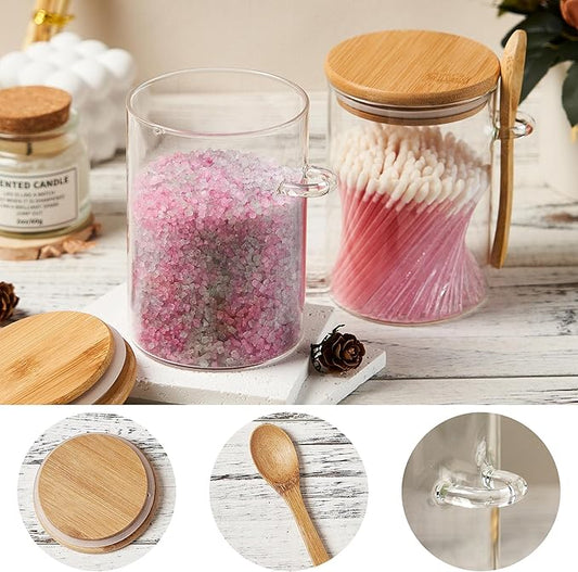 Glass Sugar Container with Spoon - 4 Pack 15oz Glass Jars with Bamboo Lid and Spoon, Bamboo Lid Storage Jar Containers for Coffee Beans, Spice, Brown Sugar, Tea, Flour, Nuts, Candy, Salts and More