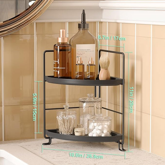 2 Tier Corner Bathroom Countertop Organizer, Tool-Less Installation Vanity Tray for Skincare Makeup Perfume Organizer, Small Plastics Counter Bathroom Storage and Organization (Black)