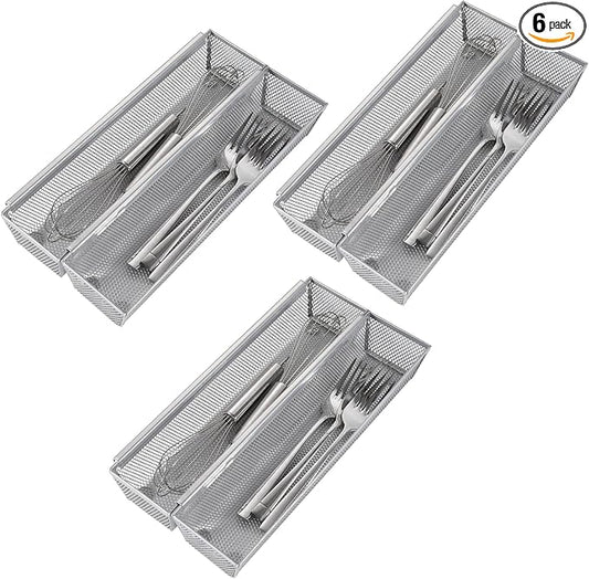 Faridabio Drawer Organizer for Kitchen, Silverware Organizer Cutlery Tray Utensil holder with Interlocking Mesh Metal Flatware Storage Silver (6 pcs)