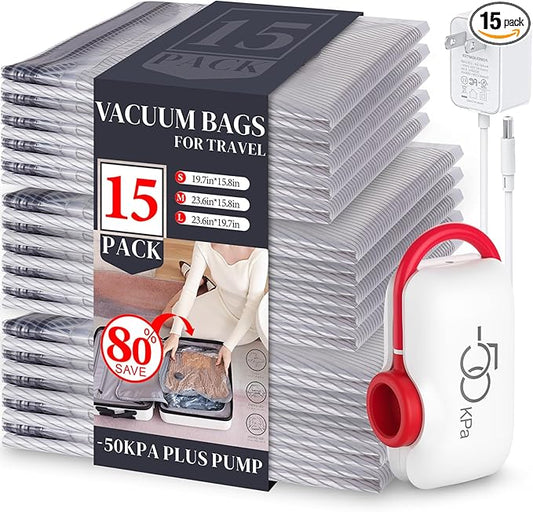 VMstr 15 Pack Travel Vacuum Storage Bags With High Pressure Electric Pump(D/C Power), Compression Sealing for Clothes and Clothing Luggage Suitcase Packing, Carry-on Travel Size