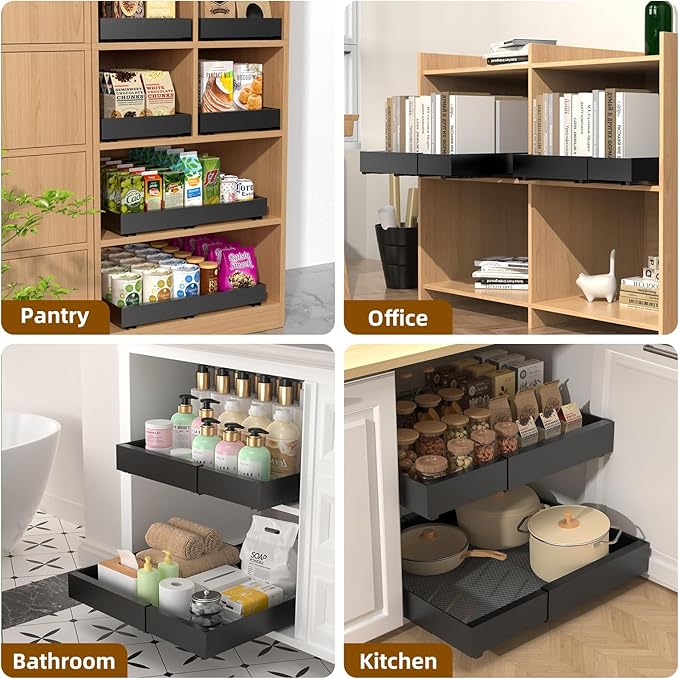 2 Pack 16.8" Deep Pull Out Drawers for Cabinets, Expandable Slide Out Drawers for Kitchen Cabinets, Pull Out Cabinet Organizer Roll Out Shelves for Pantry（Width 12.2"-19.7", Black）