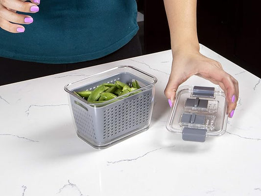 Kitchen Spaces Stackable Fridge Storage Colander Containers for Fresh Produce, Variety Pack, 3 Sizes to Organize Washed Fruits and Veggies, Snap and Seal Lids with Adjustable Vents, Hand Wash Only