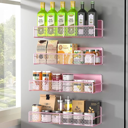 Magnetic Spice Rack for Refrigerator, 4 Pack Metal Magnetic Shelf Pink, Moveable Spice Organizer, Super Magnetic Fridge Shelf for Kitchen Organization and Storage