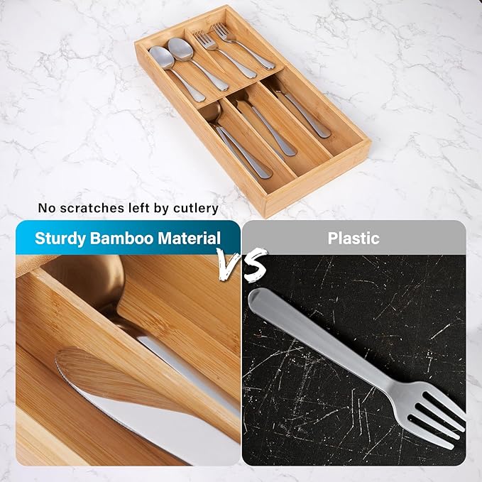 Bamboo Silverware Drawer Organizer, Kitchen Utensil Tray Holder Organizer, Drawer Storage Organization for Flatware, Cutlery, Spoon, Forks and Knives 5 Slots