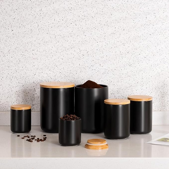 Yangbaga Black Canisters Sets for Kitchen-Set of 3 Kitchen Canisters for Countertop with Airtight Wood Lids,Ceramic Kitchen Storage Containers for Large Flour,Suger,Coffee