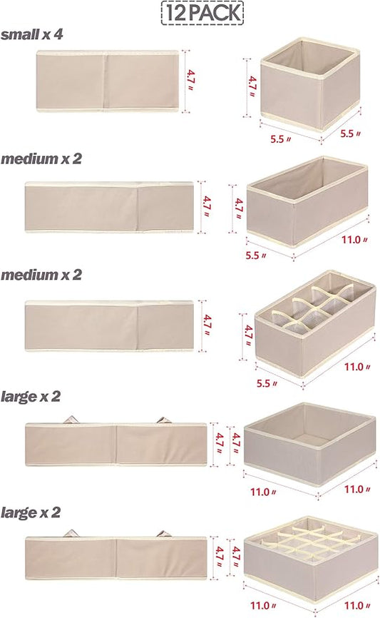 12 Pack Foldable Drawer Organizer Dividers Cloth Storage Box Closet Dresser Organizer Cube Fabric Containers Basket Bins for Underwear Bras Socks Panties Lingeries Nursery Baby Clothes Beige