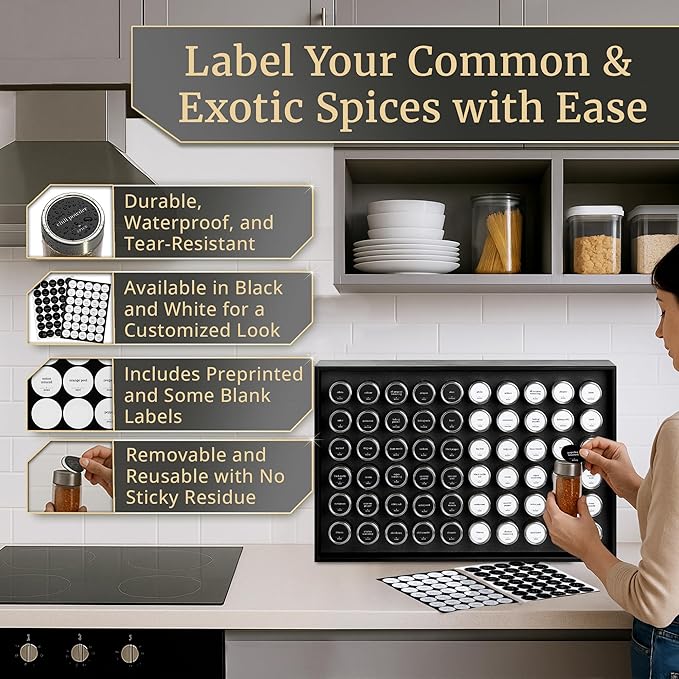 BOURBON & BARREL Wooden Spice Rack Organizer with Glass Jars | Stainless Steel Lids | Bamboo Countertop Spice Organization | 350 Waterproof Spice Labels | 2 Chalk Markers | 60 4oz Jars [Black]