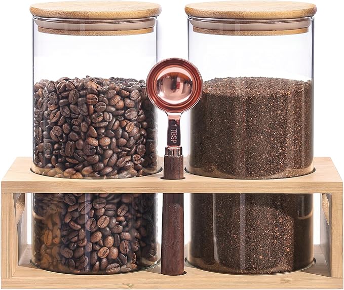 ZOMUIA Glass Coffee Containers Airtight Coffee Bean Storage Jars with Shelf, 2Pcs 44oz Coffee Station Organizer Coffee Canisters, Kitchen Food Storage Jars for Coffee, Sugar, Candy, Oats, Nuts