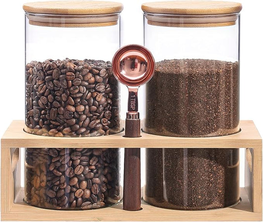 ZOMUIA Glass Coffee Containers Airtight Coffee Bean Storage Jars with Shelf, 2Pcs 44oz Coffee Station Organizer Coffee Canisters, Kitchen Food Storage Jars for Coffee, Sugar, Candy, Oats, Nuts