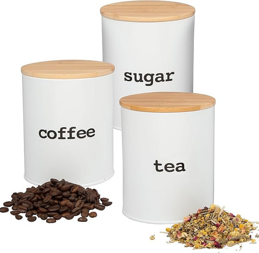 Kitchen Canister Set with Air Tight Bamboo Lids- 3 Food Storage Containers for Coffee, Tea and Sugar
