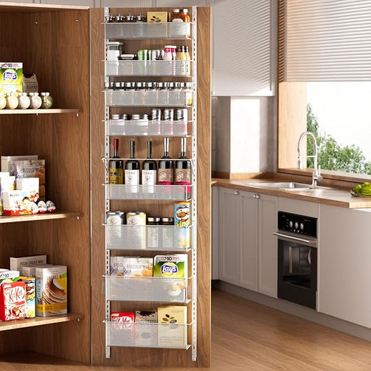 Over The Door Pantry Organizer, 8-Tier Metal Hanging & Wall Mount Spice Rack Organizer