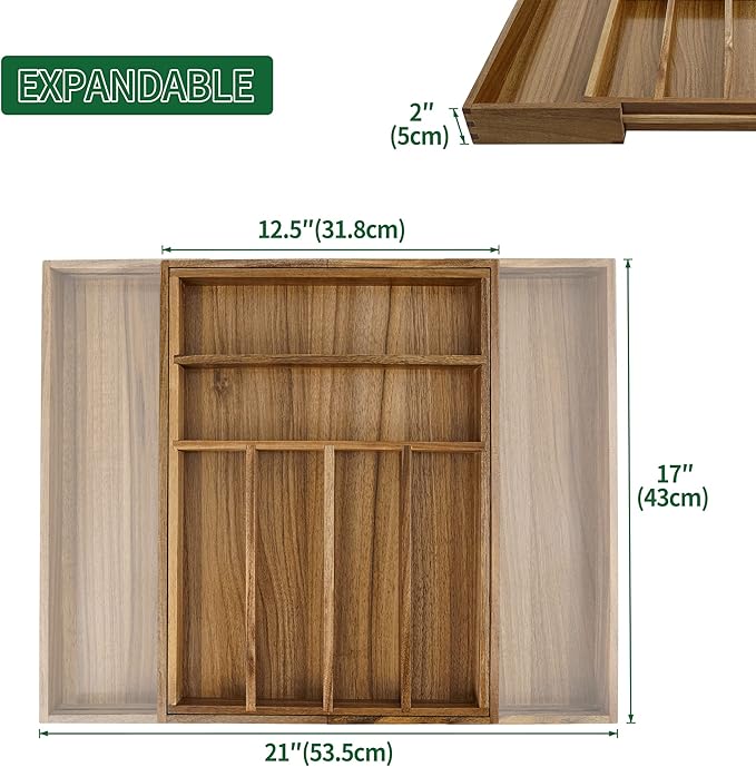 Utoplike Acacia Silverware Drawer Organizer for Cutlery, Adjustable Kitchen Utensil Drawers Organizers, Expandable Wooden Flatware Caddy, Dividers for Knives, Forks, Spoons, 6-8 Slots
