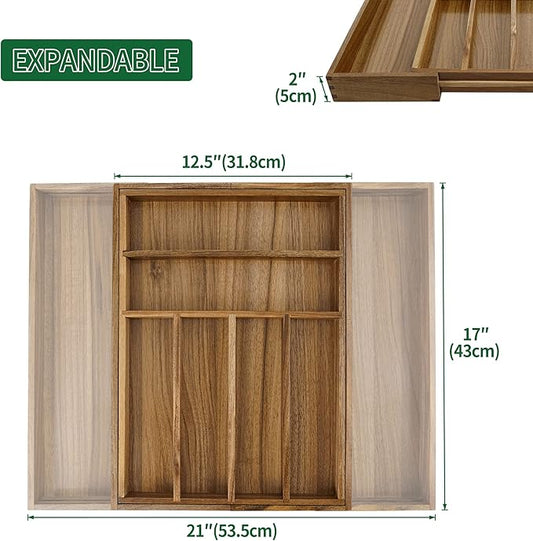 Utoplike Acacia Silverware Drawer Organizer for Cutlery, Adjustable Kitchen Utensil Drawers Organizers, Expandable Wooden Flatware Caddy, Dividers for Knives, Forks, Spoons, 6-8 Slots