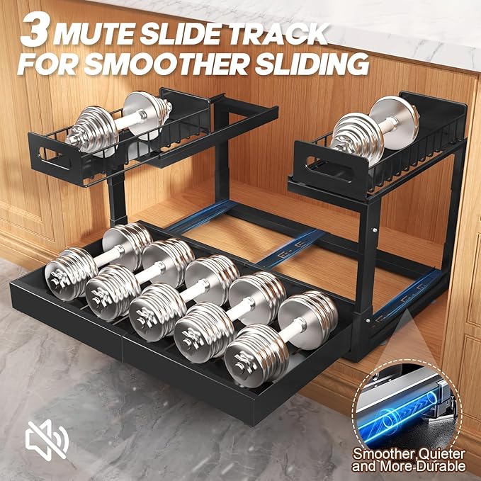 1 Pack Expandable Under Sink Organizers And Storage With Upgrade Ball-Bearing Slide Tracks,2-Tier Pull Out Under Cabinet Organizer Height Adjustable,Slide Out Under Sink Drawers-Black(Patent Pending)