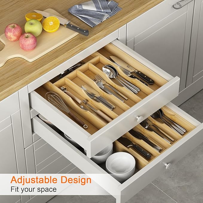 Bamboo Utensil Organizer for Kitchen Drawers, Expandable Utensil Tray and Cutlery Silverware Holder,Wood Drawer Dividers with 7 Adjustable Slots