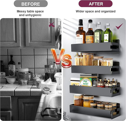 HOPE & HARDY 4 Pack Magnetic Spice Rack for Refrigerator, Strong Metal Magnetic Fridge Shelf, Kitchen Seasoning Organizers Storage, Side Fridge Storage Rack for Kitchen with Magnetic Note Pad